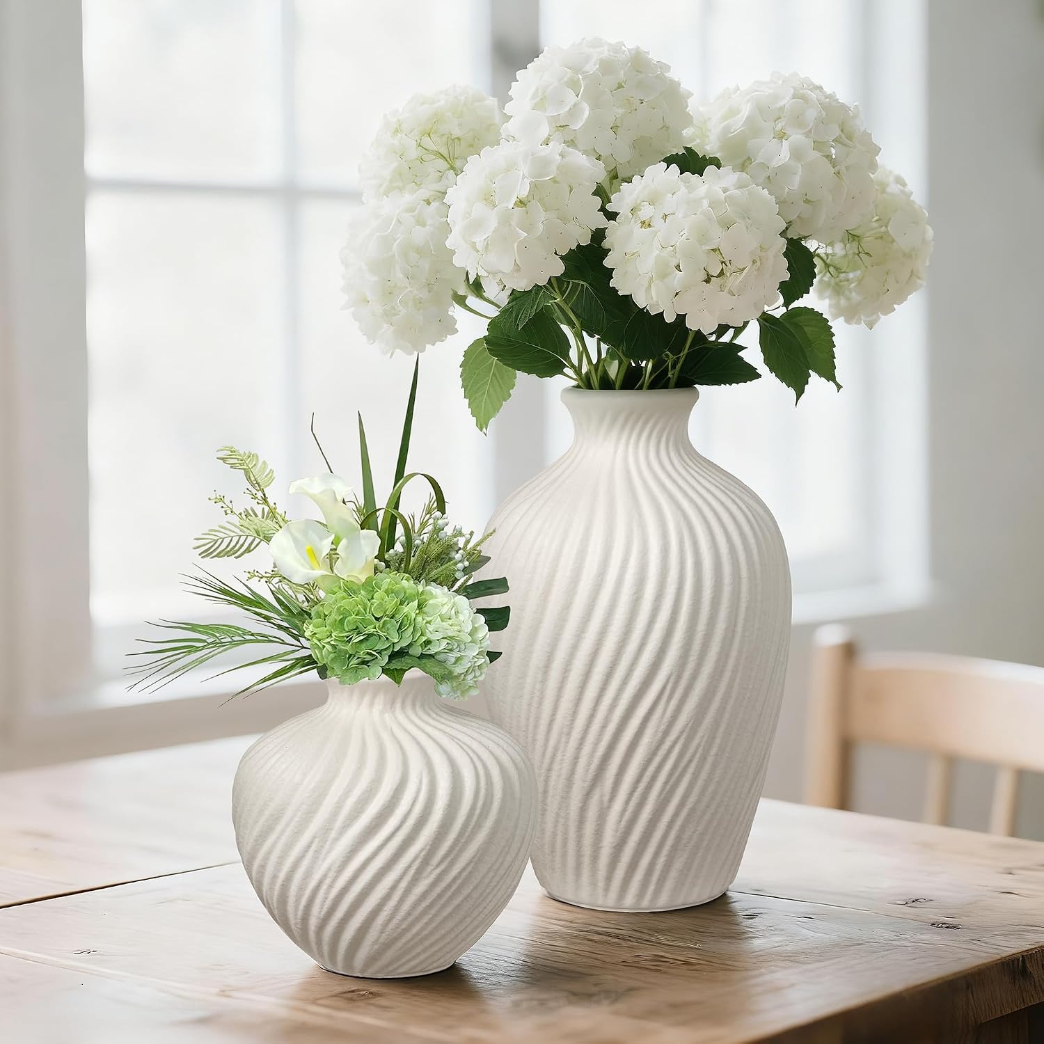 White Ceramic Vase Set of 2 - Modern Flower Vases for Home Decor - Rustic Textured White Vase for Living Room Decor - 8.65×5.5 & 5.5×5.5 Inch Round Vases for Dining Table Centerpiece Decoration