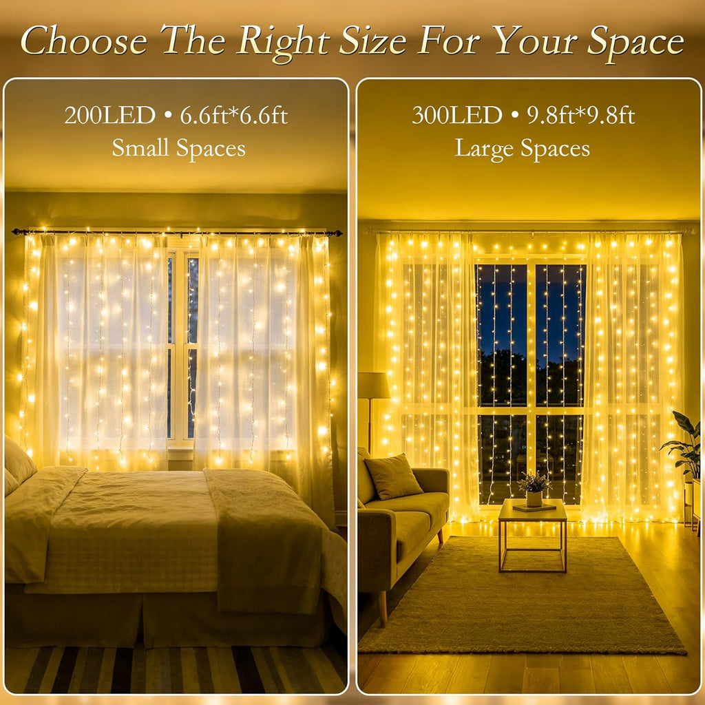 Curtain String Lights Indoor, 300LED 9.8 * 9.8FT USB Plug-in Window Curtain Lights with Timer and 8 Modes, Waterproof Warm White Curtain Fairy Lights for Bedroom Room Wedding Outdoor Decor