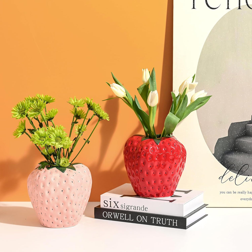 AOMOONOA Red Strawberry Vase for Flowers, Decorative Ceramic Fruit Vase, Strawberry Shaped Planter Pot with Green Leaves and Black Seeds for Table Centerpiece, Home Spring Kitchen Decor