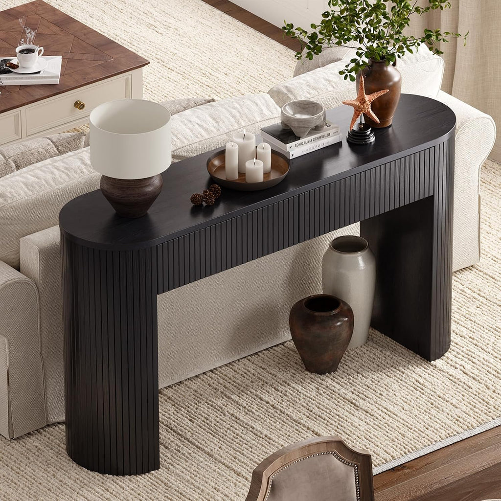55 Inch Console Table with 2 Drawers, Entryway Tables with Storage,Black | Fluted Sofa Table Behind The Couch, Hallway Tables, Mid-Century Modern Foyer Table for Entryway, Hallway, Living Room