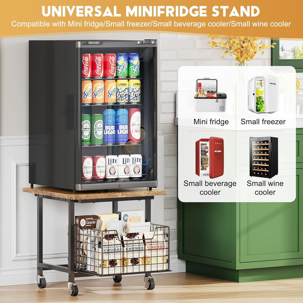 Mini Fridge Stand with Storage, Small Refrigerator Stand with Wheels, Rolling Mini Fridge Cart-Max Load 300 LBS Heavy Microwave Printer Stand Utility Cart for Dorm, Apartment, Kitchen, Office (Brown)