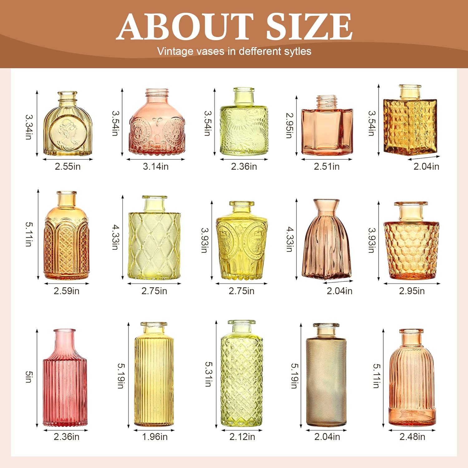 15Pcs Colored Glass Bud Vases, Wedding Table Decor, Bulk Housewarming Gift | Colored bud vases in bulk, Rustic embossed,Vintage-styled glass vases for centerpieces,15 unique vintage styles(1 per design)
