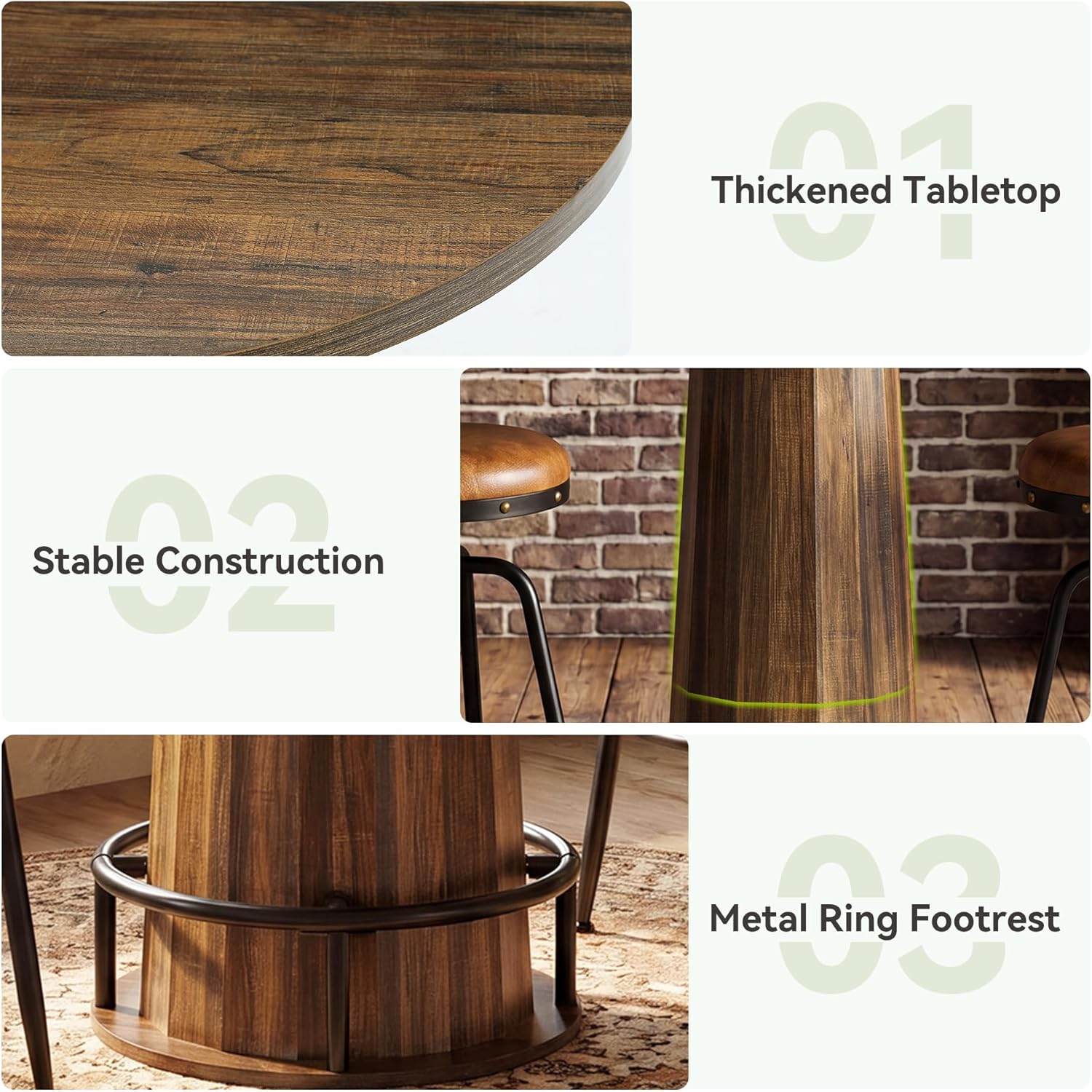 LITTLE TREE 31.5'' Round Bar Table, 37.4" H Wood Pub Table with Metal Ring Footrest, Industrial Farmhouse Bar Table for Kitchen, Dining Room, Pub, Rustic Brown(Only Table)