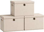 SONGMICS Large Storage Bins with Lids, 41 Quart Fabric Closet Organizer, 3 Pack Foldable Storage Boxes, 16.9" L x 11.8" W x 11.8" H, Summer Sand URFB545LF01