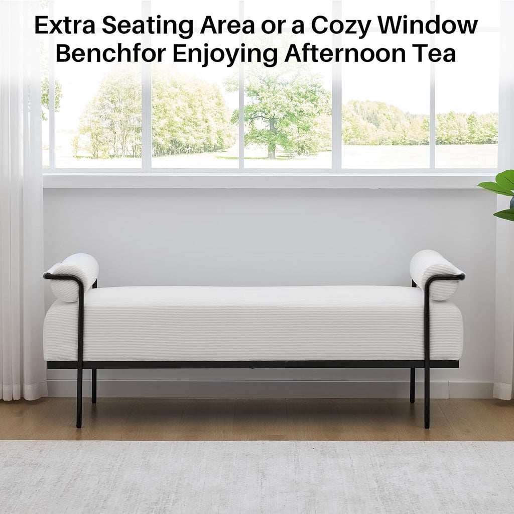 SOFTHION Entryway Bench End of Bed Bench 61.2",Modern Upholstered Bench Ottoman,Corduroy Paded Footrest Stool with Metal Legs for Living Room, Foyer Mudroom Hallway,White