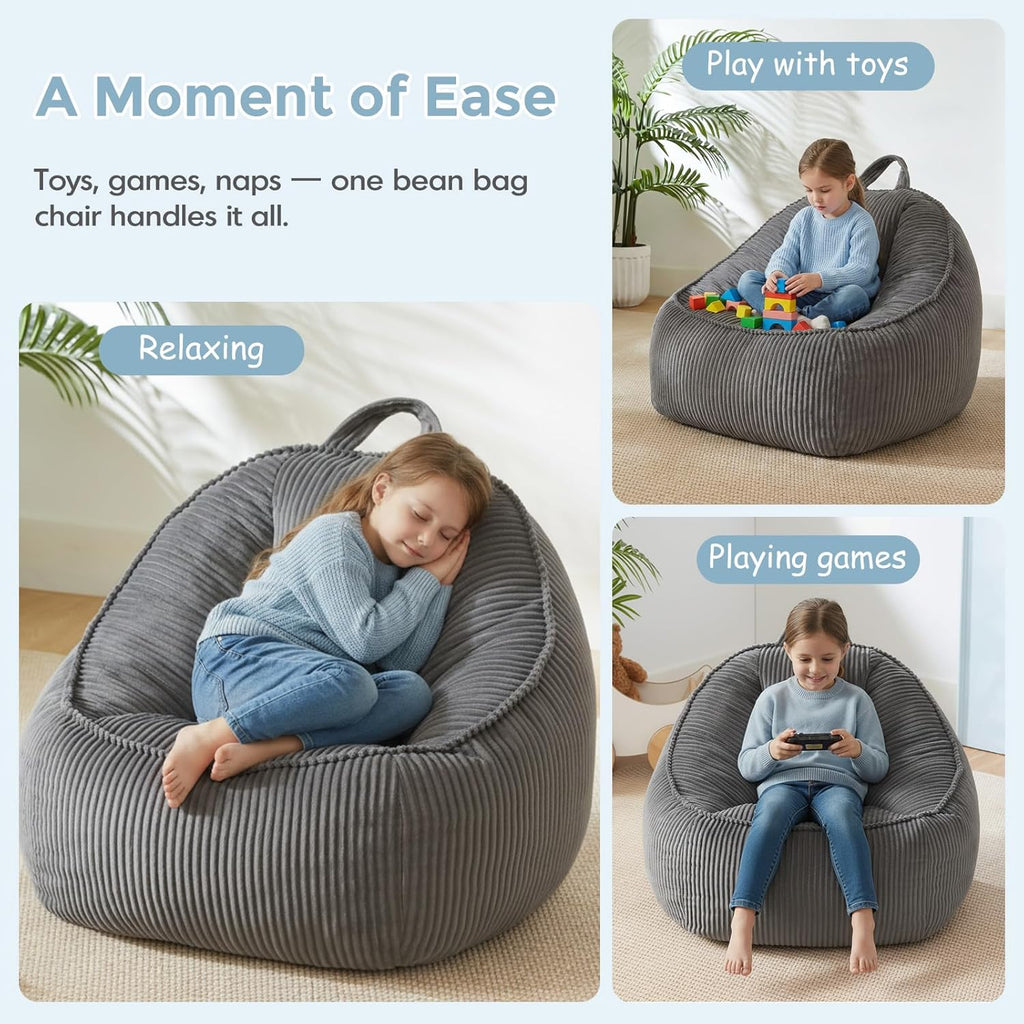 HUGHEAVEN Bean Bag Chair for Kids, Small Kids Bean Bag Chair, Cozy Reading Chair & Stuffed Floor Sofa, Soft Bean Bag Seat for Boys and Girls, Floor Chair for Gaming, Reading, Lounging & TV, Grey