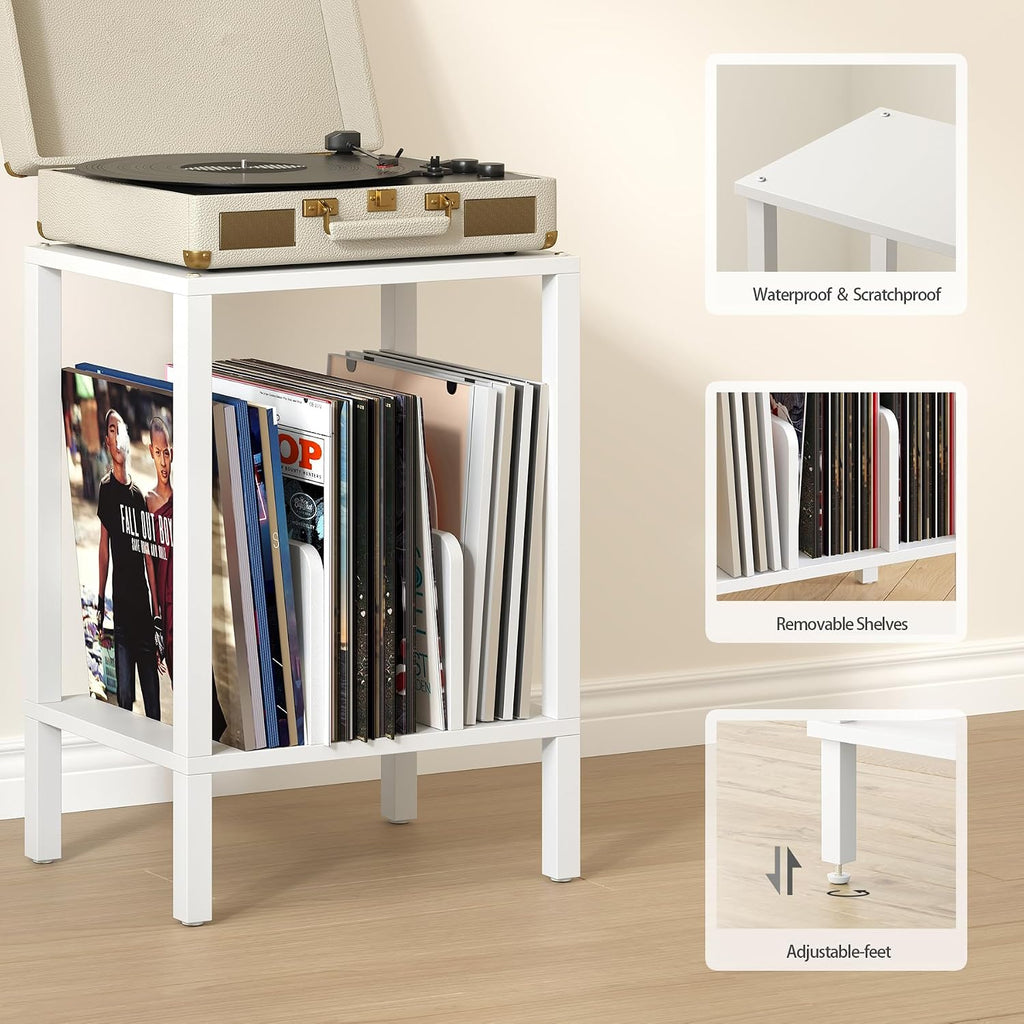 TUTOTAK 2-Tier End Table,Record Player Stand with Vinyl Record Storage up to 100 Albums,Multi-Functional Side Table for Living Room, Bedroom, White TB01BW070