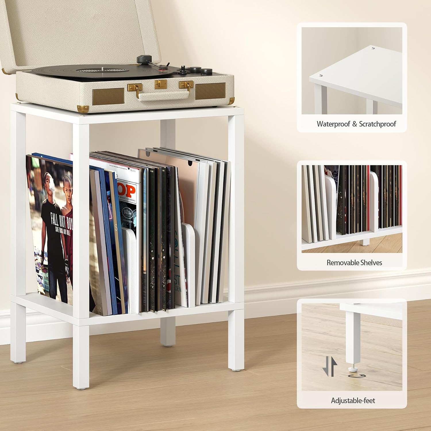 TUTOTAK 2-Tier End Table,Record Player Stand with Vinyl Record Storage up to 100 Albums,Multi-Functional Side Table for Living Room, Bedroom, White TB01BW070