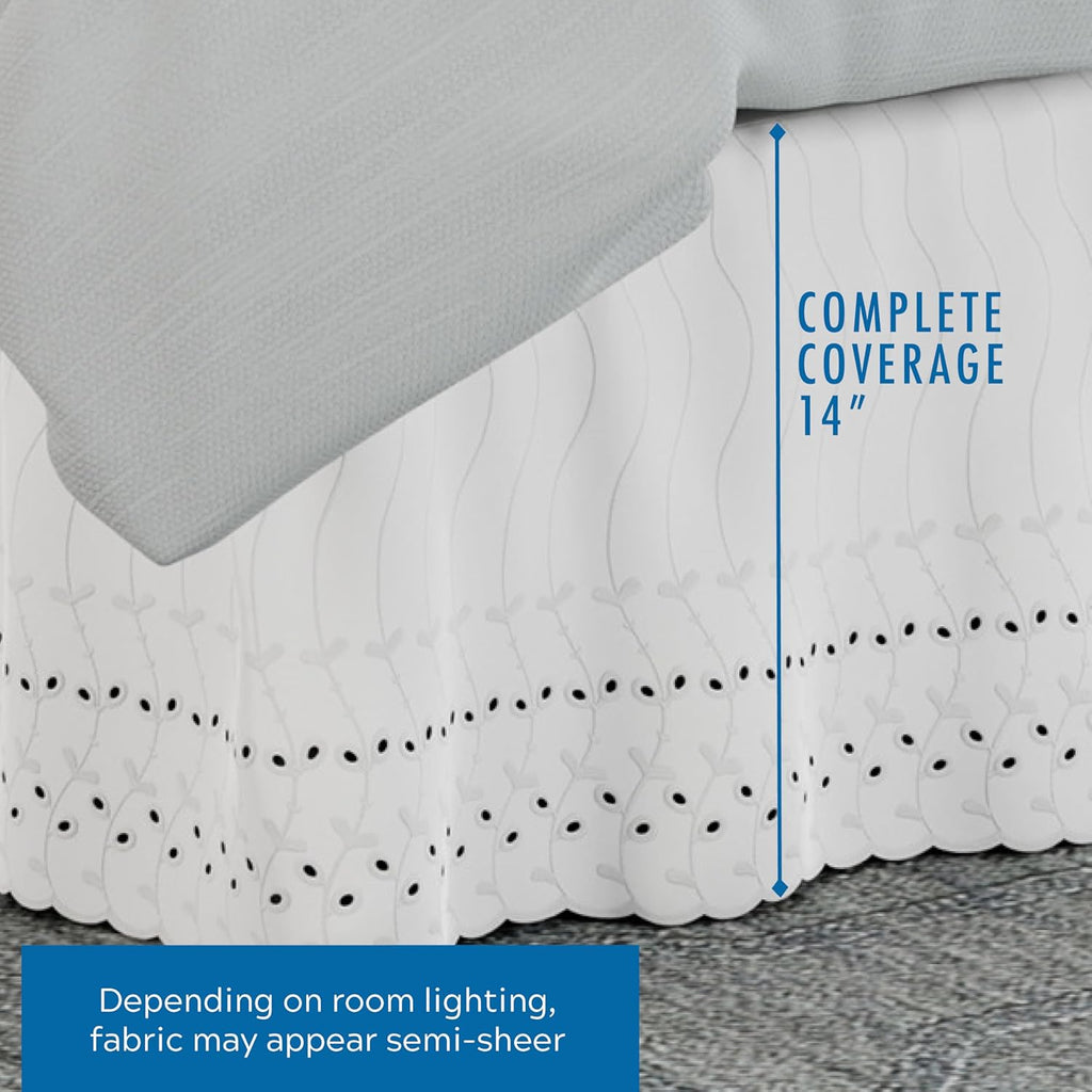 Fresh Ideas Eyelet Bed Skirt, Ruffled Design, 14 Inch Drop, Embroidered Scalloped Edge, Queen, White