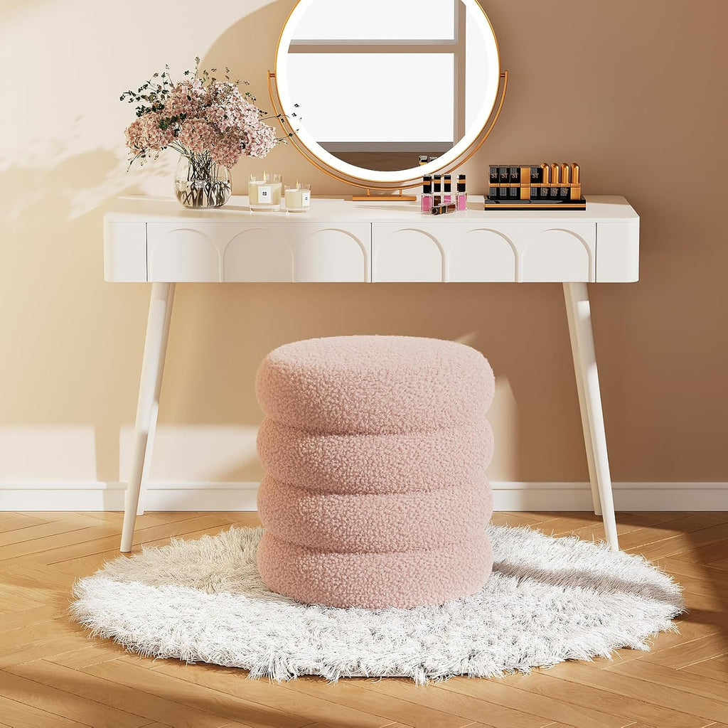 Soft Teddy Round Ottoman with Tray, 17.5 Inches Ottoman Coffee Table with Storage for Living Room, Vanity Stool with Storage Bedroom, Load up to 300 lb, No Assembly Required (Pink)