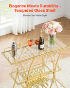 VEVOR Bar Cart, 3 Tiers Home Kitchen Serving Carts, Modern Rolling Utility Station on Wheels, Drink Beverage Trolley with Tempered Glass Shelves, Wine Rack, Glass Holder, for Living Dining Room, Gold