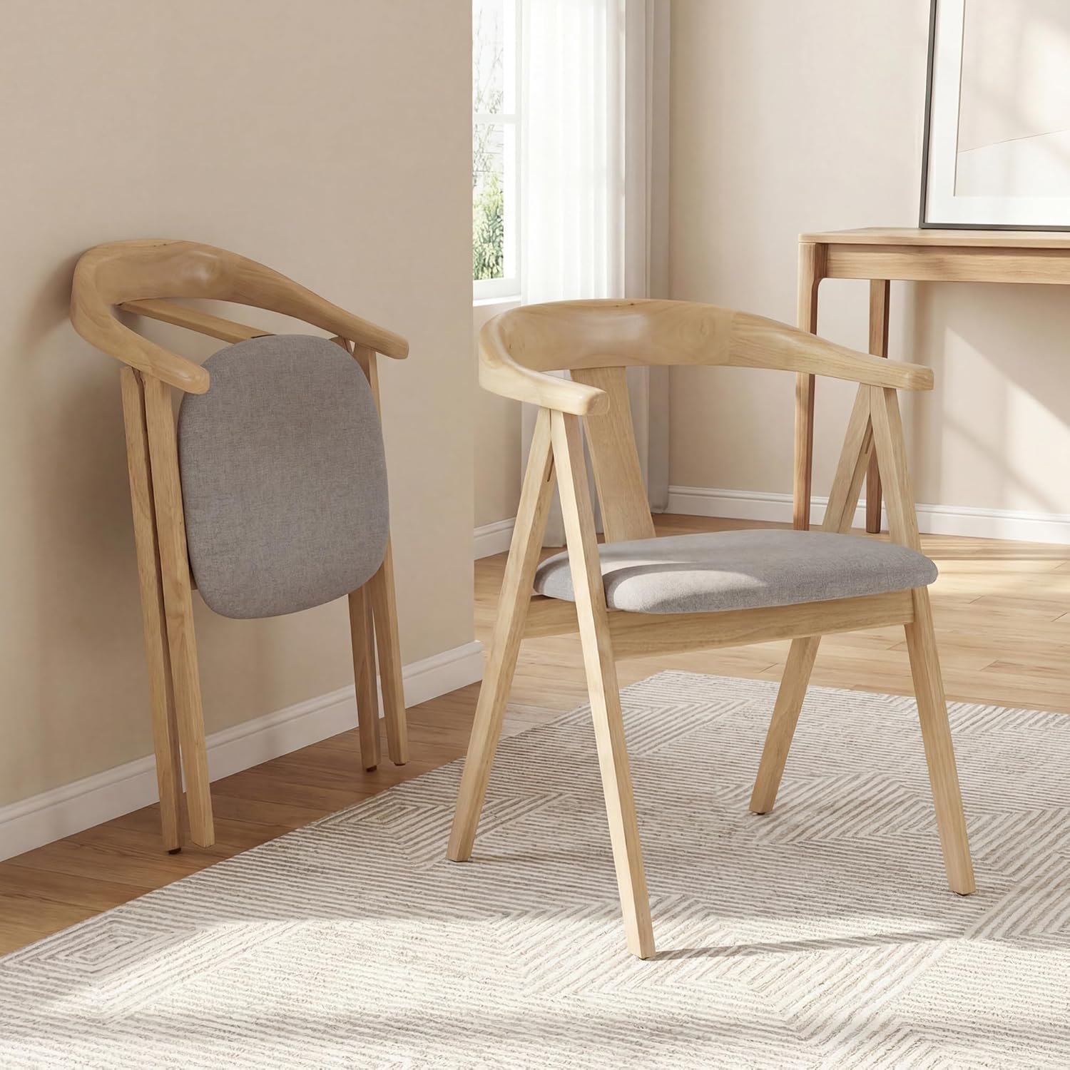HNY Wooden Folding Chair with Cushion Set of 2, Chenille Foldable Dining Chairs Lightweight Folding Event Chair, Portable Space-Saving Accent Chair for Kitchen Dining Living Room Small Spaces, Grey