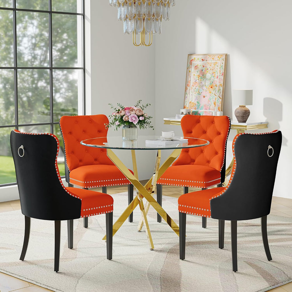 5-Piece Glass Dining Table Set for 4, Include 36" Round Tempered Glass Kitchen Table and 4 Orange Black High Back Chairs for Dining Room, Living Room (Gold Table Legs)