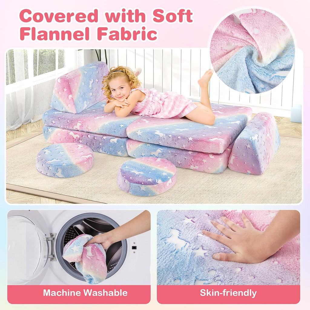 Costzon Kids Couch Set Convertible, Toddler Chair Glow in The Dark, Folding Children Sofa Couch, Bedroom and Playroom Furniture for Toddlers, Comfy Foam and Floor Cushion Gift for Boys and Girls