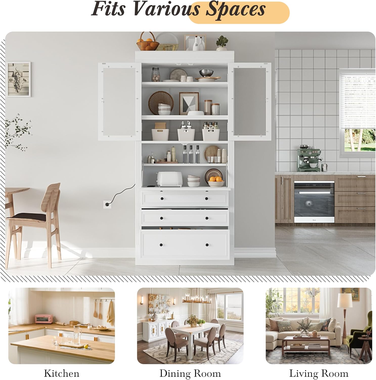 Merax 78'' Extra-Tall Kitchen Pantry Storage Cabinet, Freestanding Multifunctional Cupboard with 3 Drawers & 2 Adjustable Shelves & Power Outlet & Drop-Down Surface, for Dining and Living Room, White