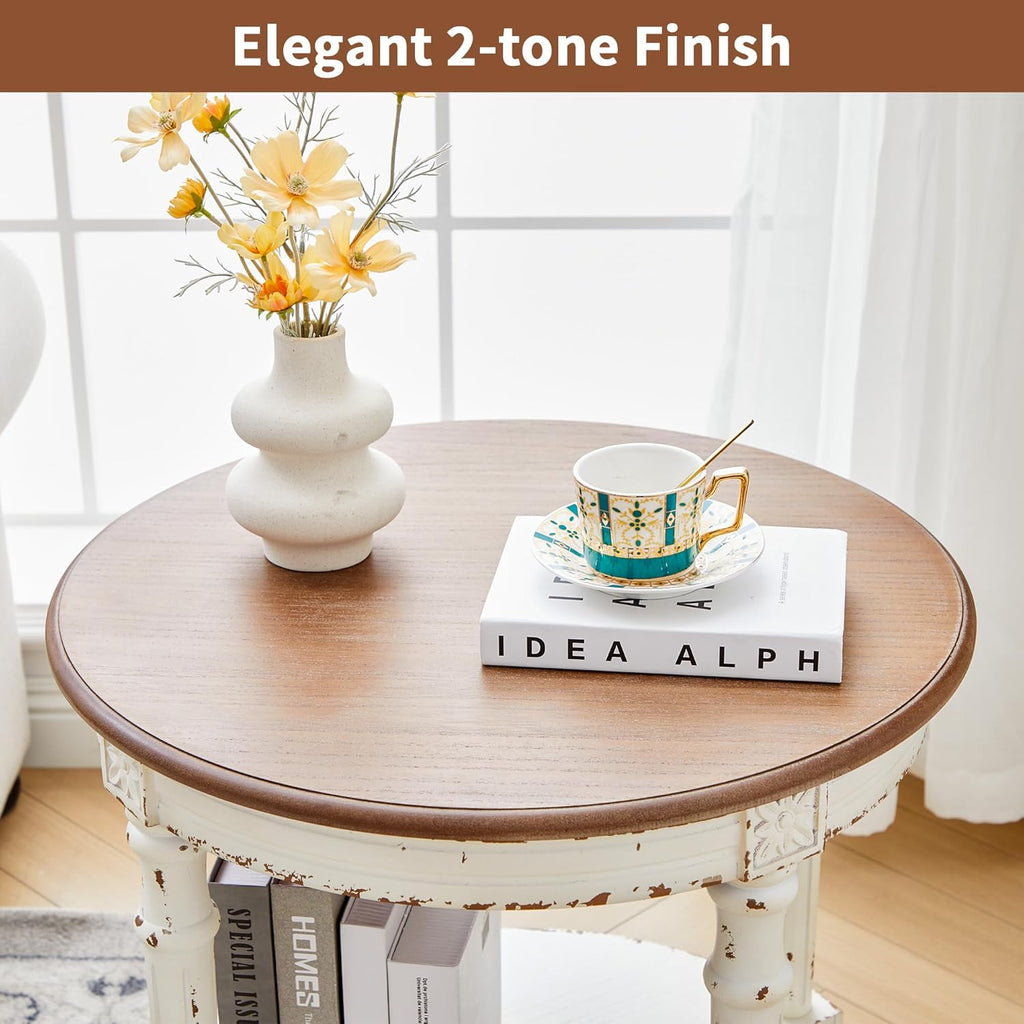 BERRYMERRY 23.6" French Country Two Tone Round End Table,Chipped White Vintage 2 Tier Side Table for Living Room Small Space,Easy Assembly (White 1 PC)