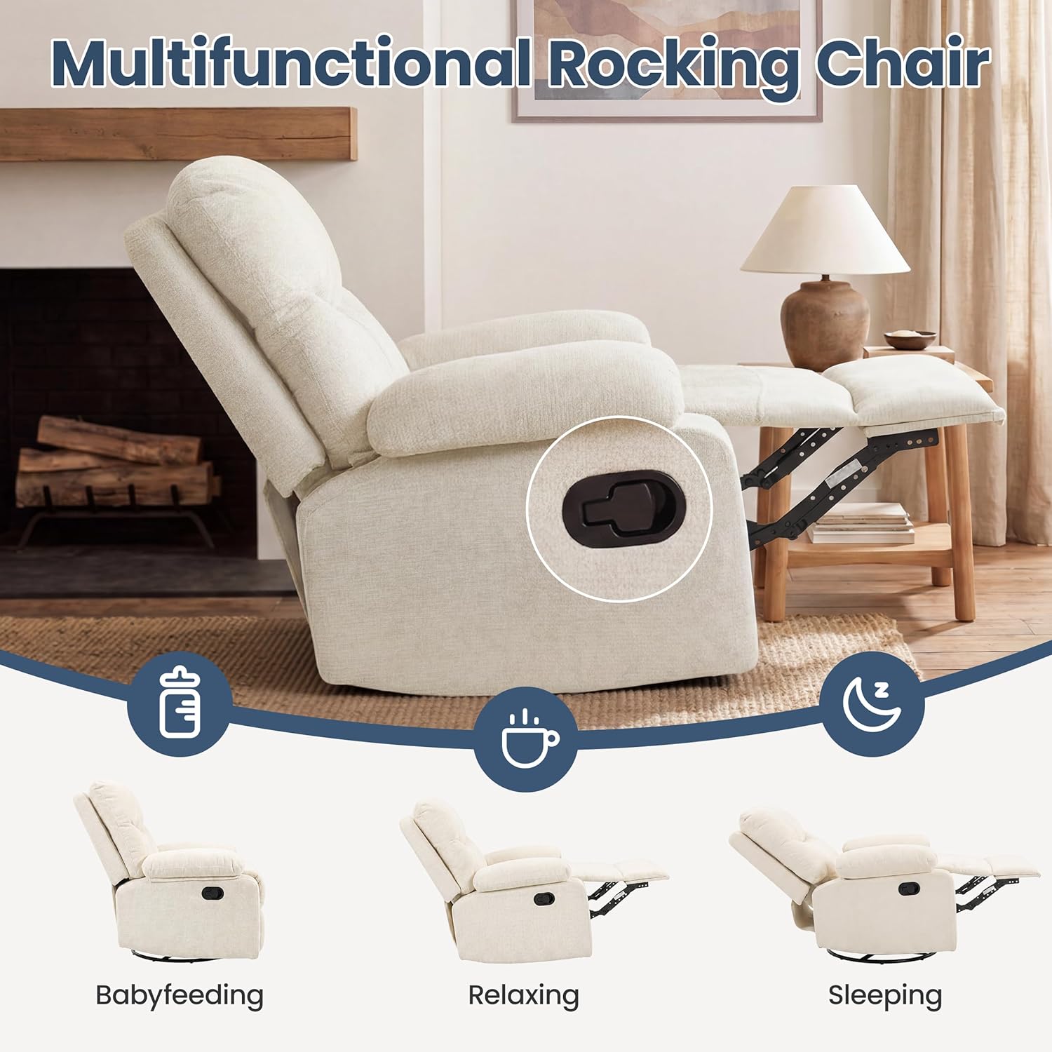 FiveWillowise Rocking Chair Nursery with Adjustable Armrests, 360° Swivel Rocker Recliner for Moms, Manual Gilder Rocker Nursing Chair with Wide Foot Rest for Living Room, Bedroom, Beige