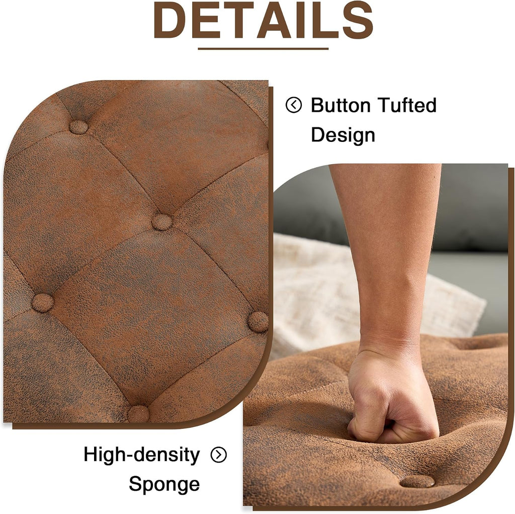 30 Inch PU Leather Round Storage Ottoman with Tray, Modern Upholstered Tufted Coffee Table with Storage, Large Ottoman Footrest Stool for Living Room, Bedroom, Dorm, Light Brown