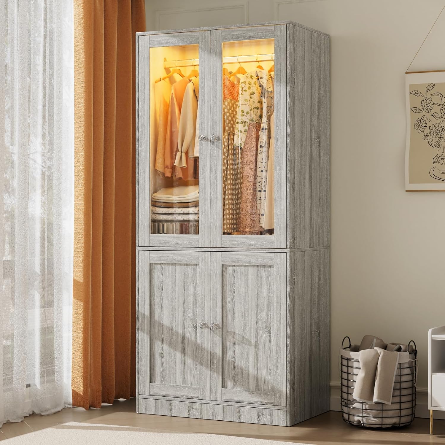 VOWNER 75" Tall Armoire Wardrobe Closet with 2 Glass Doors | Adjustable 3-color Lighting, Clothing Storage Cabinet with Hanging Rod, Wooden Armoire Storage Cabinet for Bedroom (Grey Oak)