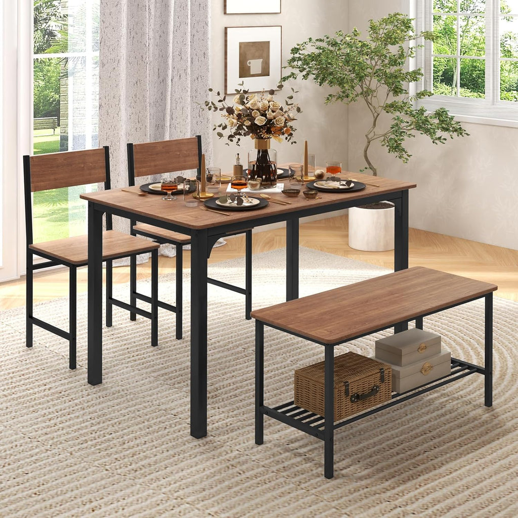 GOFLAME 4-Piece Dining Table Set for 4, Industrial Kitchen Table with 2 Chairs & Bench, Space Saving Breakfast Table Set with Storage Shelf and Metal Frame, Wooden Dinette for Dining Room, Walnut