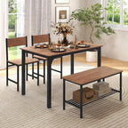 GOFLAME 4-Piece Dining Table Set for 4, Industrial Kitchen Table with 2 Chairs & Bench, Space Saving Breakfast Table Set with Storage Shelf and Metal Frame, Wooden Dinette for Dining Room, Walnut