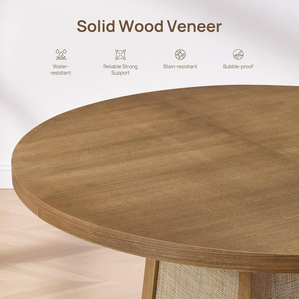 SICOTAS Round Wood Dining Table for 4, 47" Rattan Dining Room Table with Solid Wood Pedestal Base, Boho Circle Kitchen Table, Farmhouse Wicker Dinner Table for Dining Room Kitchen, Living Room, Oak