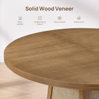 SICOTAS Round Wood Dining Table for 4, 47" Rattan Dining Room Table with Solid Wood Pedestal Base, Boho Circle Kitchen Table, Farmhouse Wicker Dinner Table for Dining Room Kitchen, Living Room, Oak