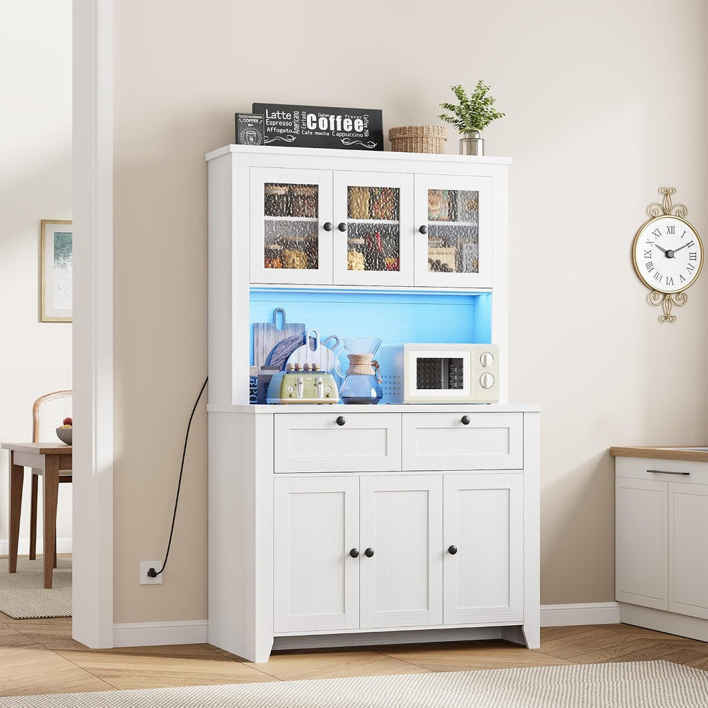 GAOMON 66" Tall Kitchen Pantry Cabinet, Modern Kitchen Hutch with Charging Station, Large Coffee Bar Storage Cabinet with Glass Doors and Drawers, White