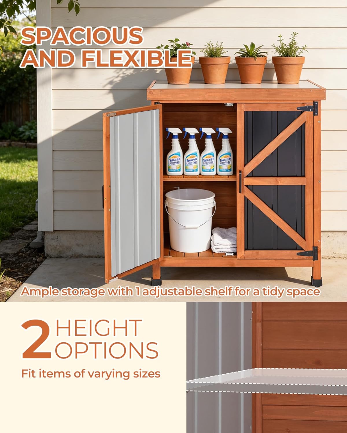 Black Metal Outdoor Storage Cabinet with X-Design Doors & Wood Frame, Metal Top Potting Bench Weatherproof for Patio, Garden & Backyard, 31.5"x 17.7"x 35.4"Tool Outdoor Shed