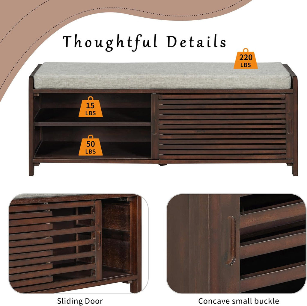 SOFTSEA Shoe Storage Bench with Cushion, 2-Tier Entryway Bench with Sliding Shutter Doors for Entryway, Bedroom, Living Room, Farmhouse Style, 43.3" W x 15.4" D x 16.5" H (Espresso)