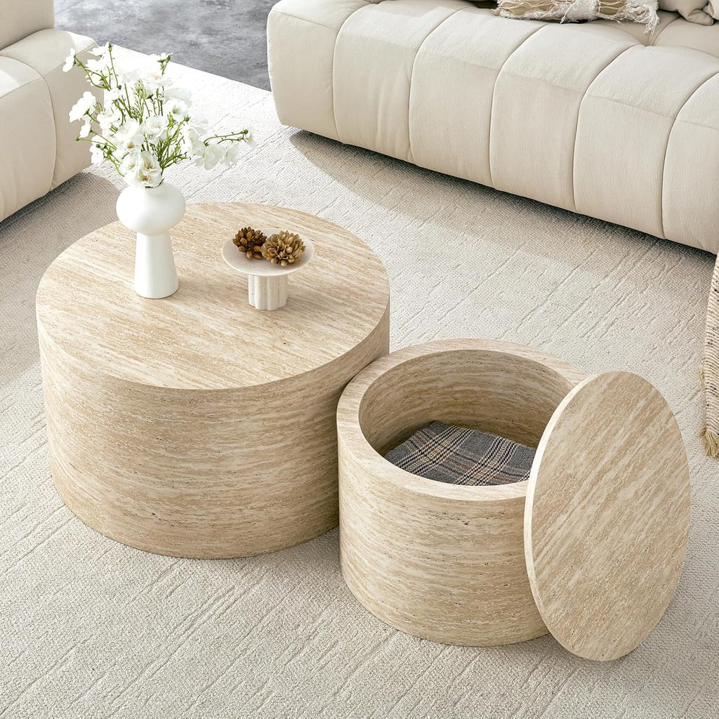 LKTART Round Nesting Coffee Table Set of 2， Modern Small Circle Coffee Table Travertine Side Table End Table Circular Coffee Tables Drum Nested Coffee Tables for Living Room