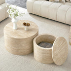 LKTART Round Nesting Coffee Table Set of 2， Modern Small Circle Coffee Table Travertine Side Table End Table Circular Coffee Tables Drum Nested Coffee Tables for Living Room