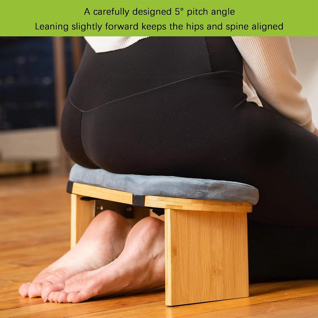 Adjustable Bamboo Meditation Bench with Carry Bag, Foldable Kneeling Yoga Stool, Removable Velvet Cushion, Ergonomic Prayer Seat for Meditation, Yoga, Prayer, Zen Practice (Gray-blue1)