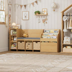 HOSTACK 67" W Kids Reading Nook with Toy Storage Organizer, Large Kids Bookshelf with Toy Storage Box on Wheels, Big Kid Bookcase with Bench and 6 Open Cubbies for Playroom, Kid Room, Natural Oak