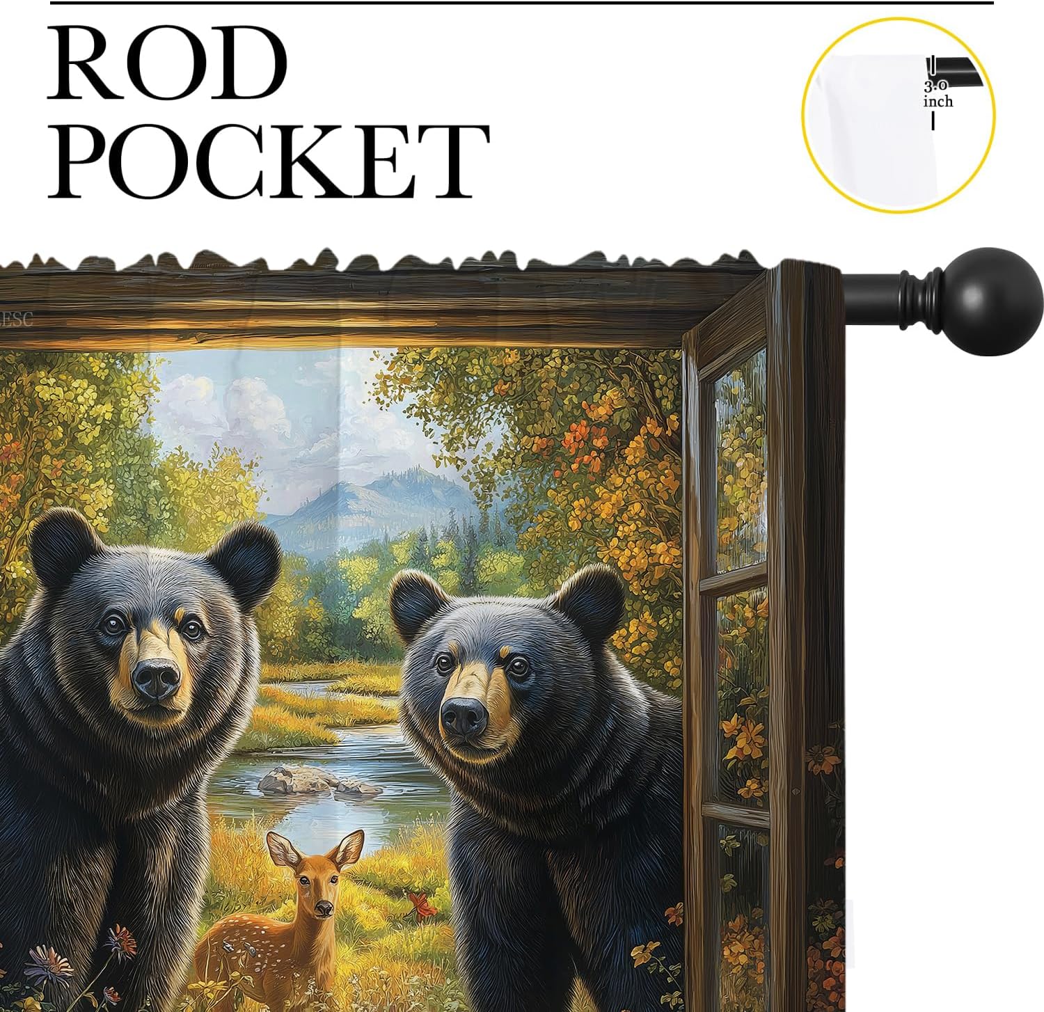 Black Bear Boy Girls Blackout Curtains, Country Farmhouse Hunting Cabin Animal Rustic Farm Nature Landscape, 2 Panel Rod Pocket Thermal Insulated Drapes for Bedroom Living Kids Room Deco 42x45 inch