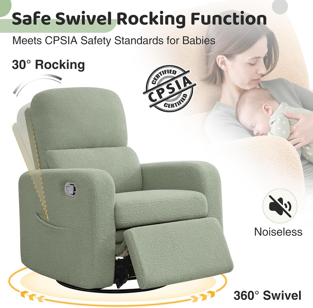 Swivel Rocker Recliner, Oversized Manual Boucle Nursery Glider Rocking Recliner Chair with Removable Cushion, Upholstered Teddy Swivel Reclining Chair for Nursery Living Room Bedroom, Green
