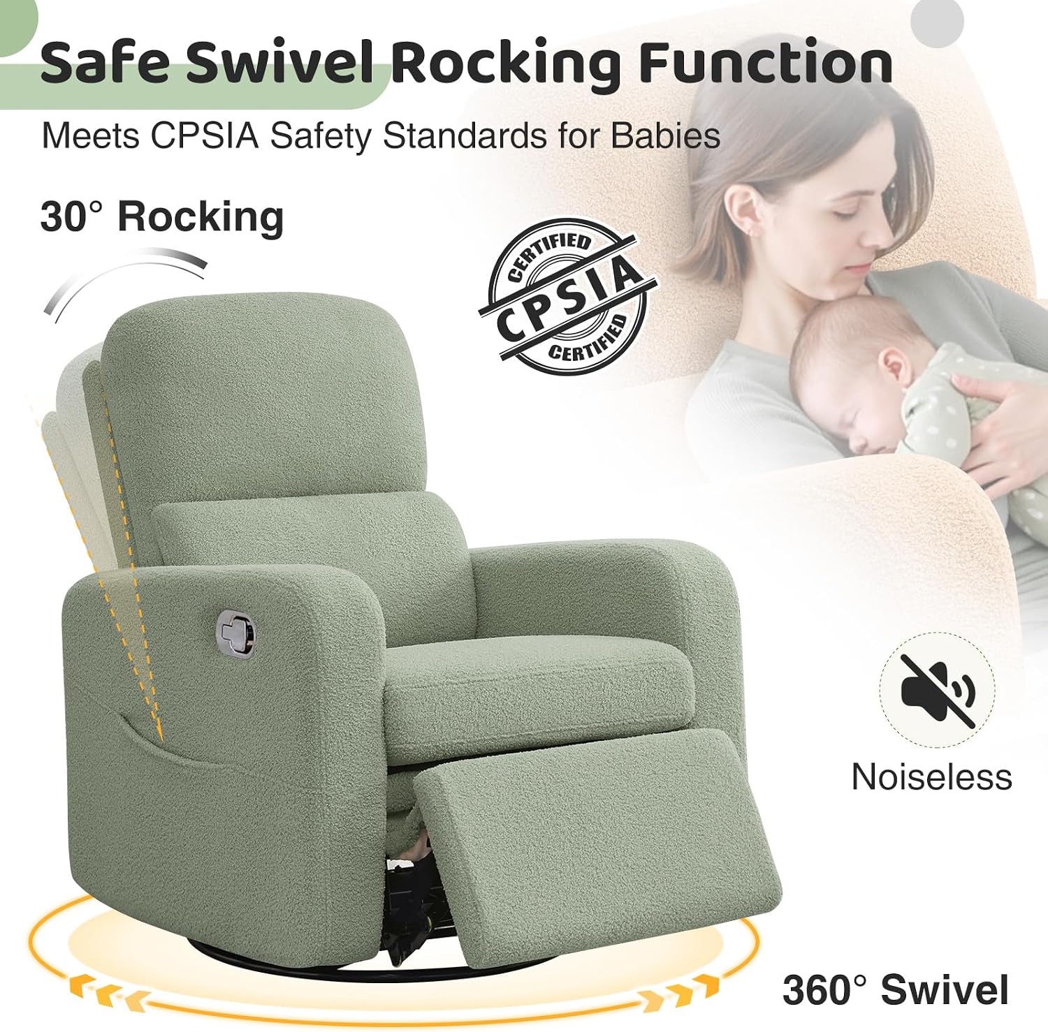 Swivel Rocker Recliner, Oversized Manual Boucle Nursery Glider Rocking Recliner Chair with Removable Cushion, Upholstered Teddy Swivel Reclining Chair for Nursery Living Room Bedroom, Green