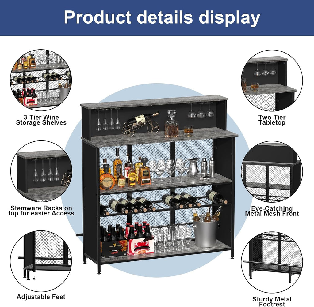 GDLF Home Bar Unit Mini Bar Liquor Cabinet with Storage and Footrest for Home Kitchen Pub (Grey)