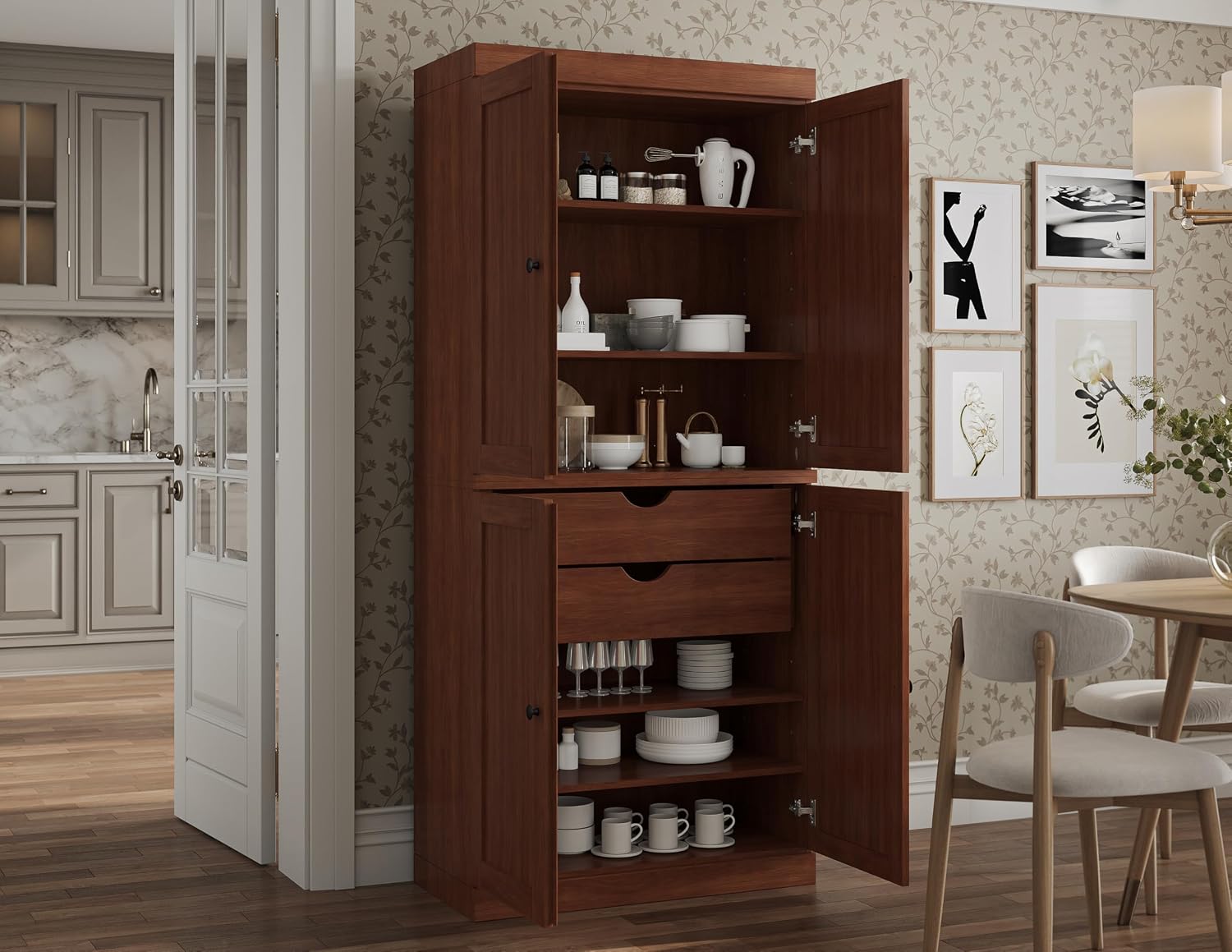 Palace Imports Solid Wood Kitchen Pantry Cabinet - 71.5" H x 32" W - Wooden Storage Cabinet w/ 4 Shaker Doors, 2 Drawers & 4 Adjustable Shelves, Mocha, 100% Renewable Eco-Friendly Wood, Made in Brazil