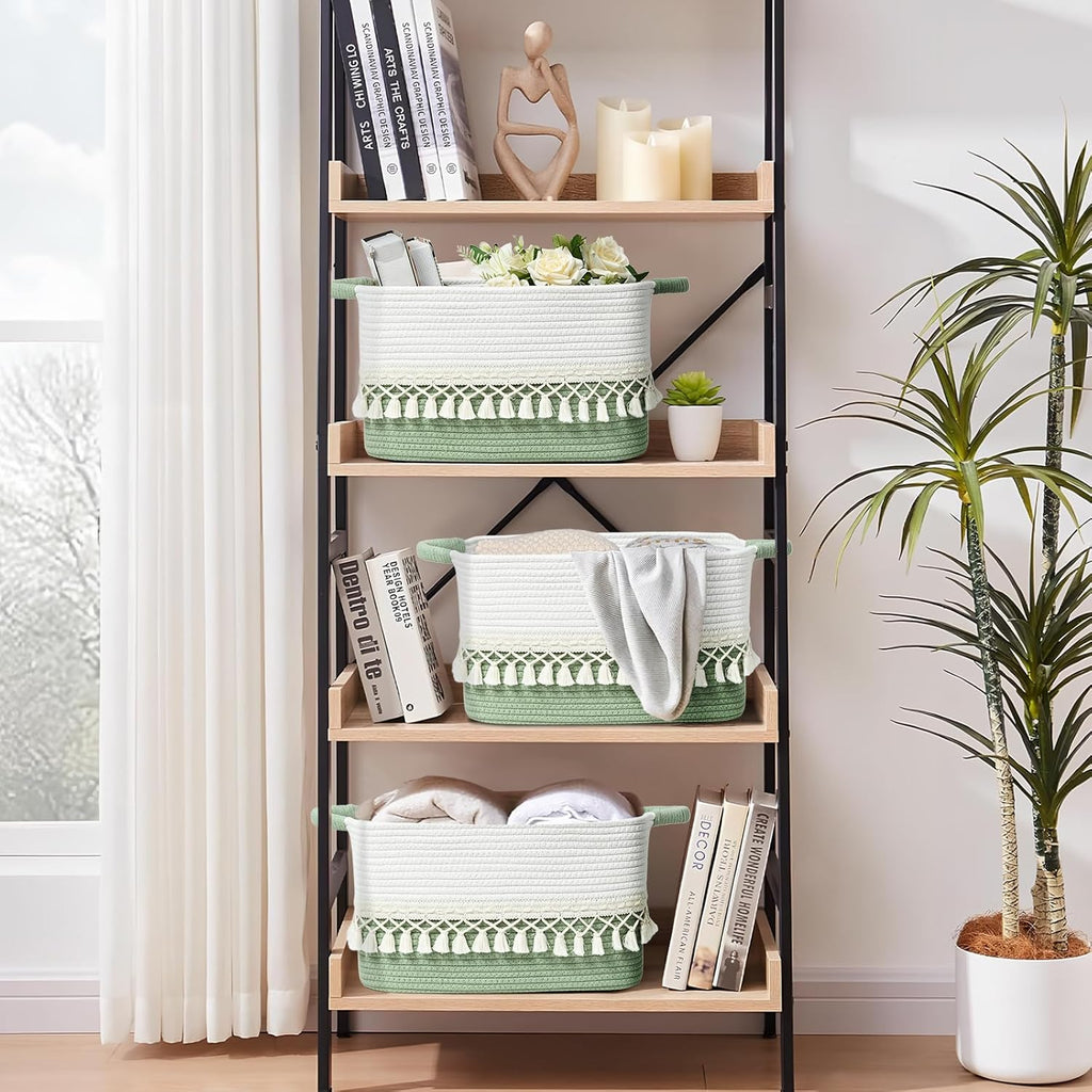 2 Pack Storage Basket, Heavy Tassel Woven Baskets for Storage, Boho Cotton Rope Storage Bin, Cube Organizer Bins, Baby Laundry Basket for Clothes, Toys, Diapers, Pets（White & Green）