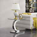 Luxury Silver Glass End Table,Sqaure Sofa Side Table with Shiny Mirrored C-Shape Stainless Steel Base,Clear Glass Accent End Table Bedside Table Nightstand for Living Room Bedroom Office