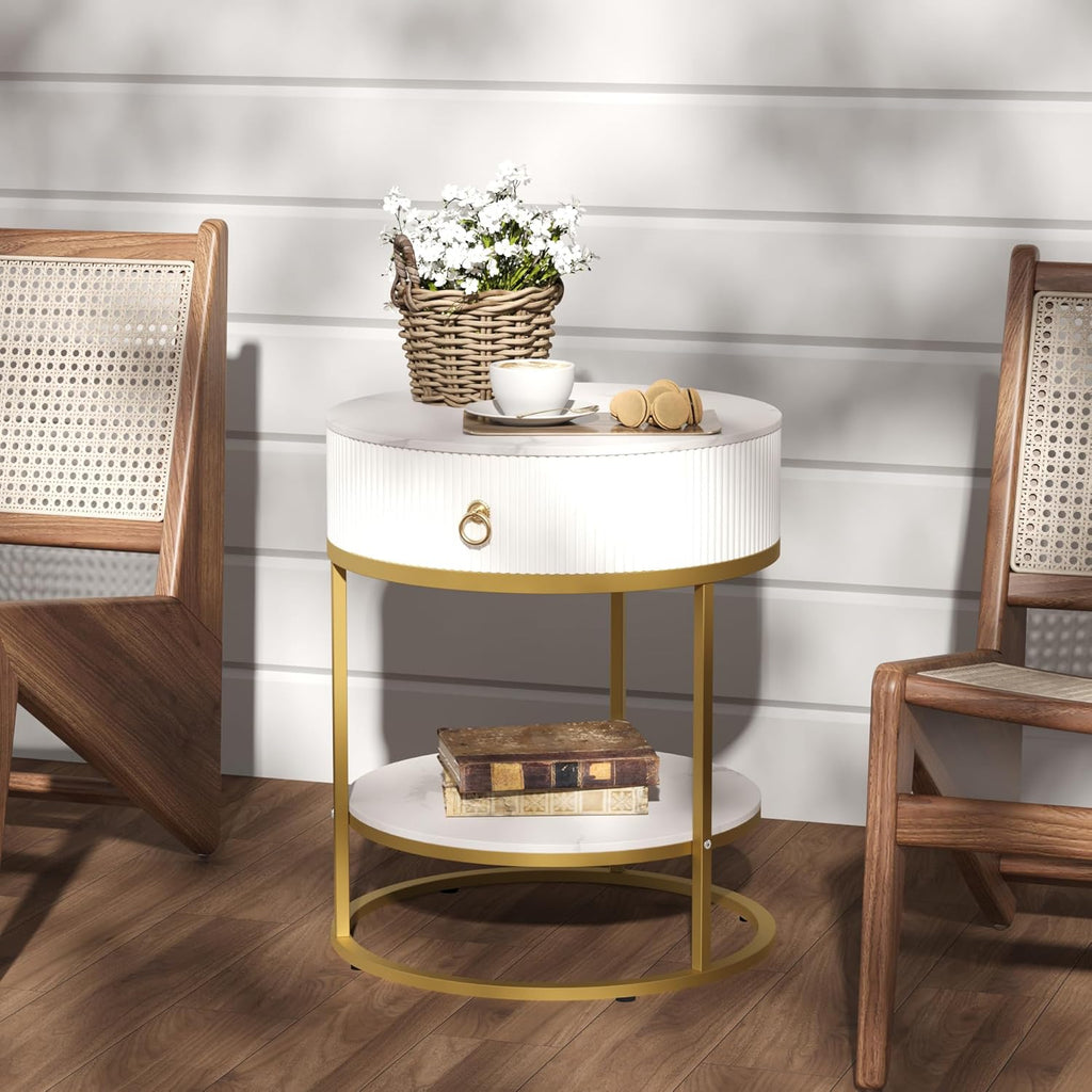 SUNBURY 19.7" Round Side Table with Drawer, Modern Faux Marble End Table with Open Storage Shelf, Gold Metal Frame Sofa Table for Living Room, Office, and Small Spaces, White & Gold