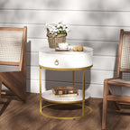 SUNBURY 19.7" Round Side Table with Drawer, Modern Faux Marble End Table with Open Storage Shelf, Gold Metal Frame Sofa Table for Living Room, Office, and Small Spaces, White & Gold