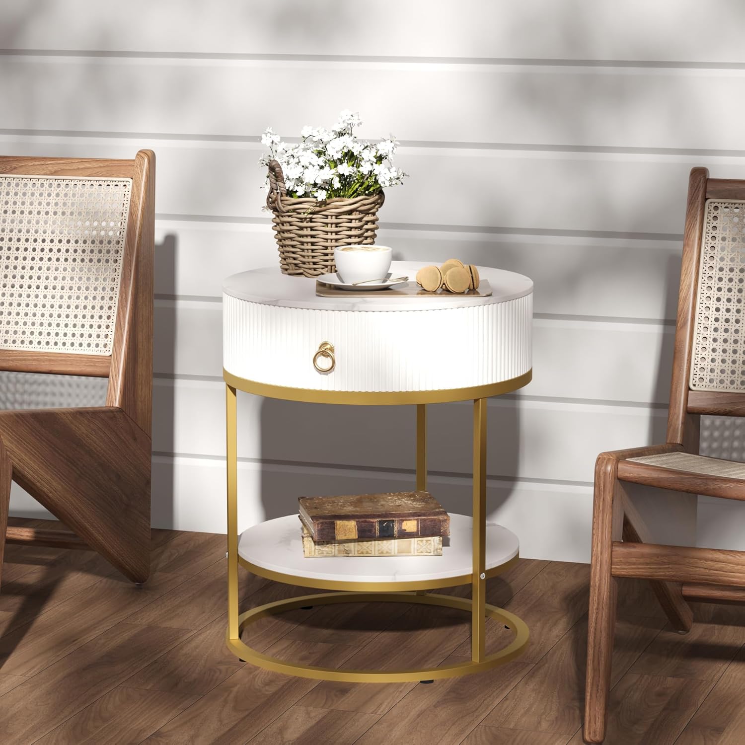 SUNBURY 19.7" Round Side Table with Drawer, Modern Faux Marble End Table with Open Storage Shelf, Gold Metal Frame Sofa Table for Living Room, Office, and Small Spaces, White & Gold