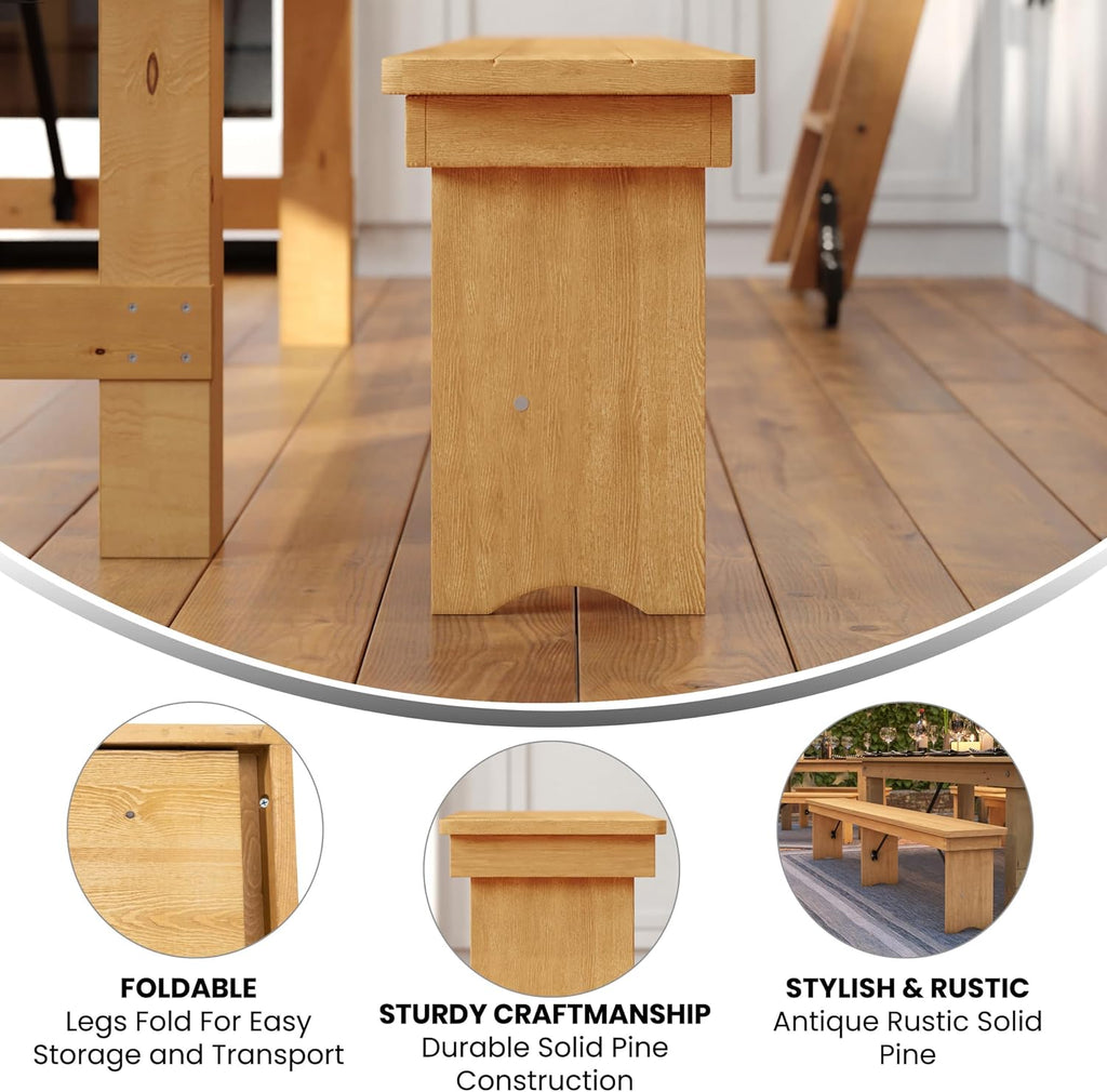 Taylor & Logan Ingles 8' x 12'' Antique Rustic Light Natural Solid Pine Folding Farm Bench with 3 Legs