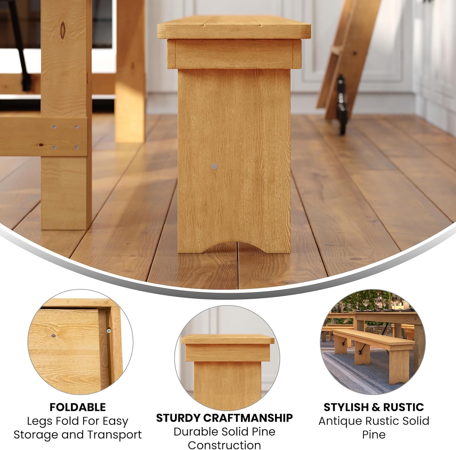 Taylor & Logan Ingles 8' x 12'' Antique Rustic Light Natural Solid Pine Folding Farm Bench with 3 Legs