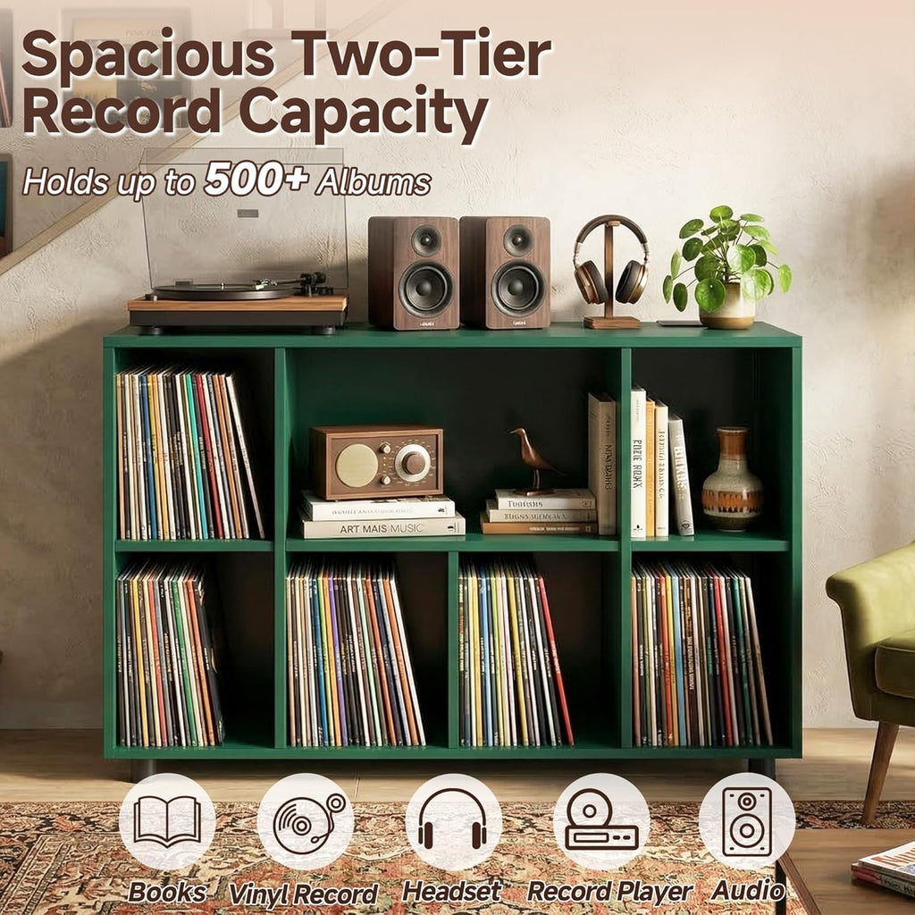 Record Player Stand with Charging Station, Green | Vinyl Record Storage Cabinet, Holds Up to 500+ Albums, Metal Turntable Stand with Large Tabletop for Music Room Studio