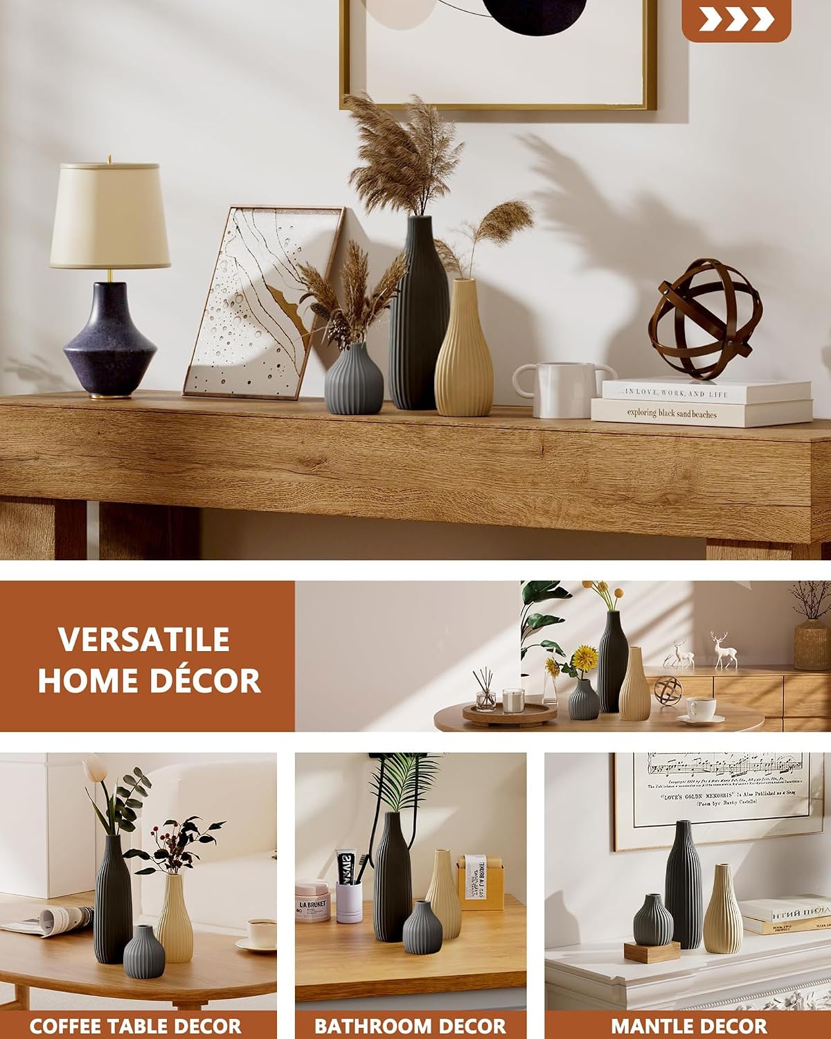 Decorative Flower Vase Set of 3 - Modern Boho Style Multicolor Vases, Ribbed Textures Ceramic Vase for Home Decor Shelf Bookshelf Mantle TV Stand Entryway Console, Dining Table Centerpiece Decor