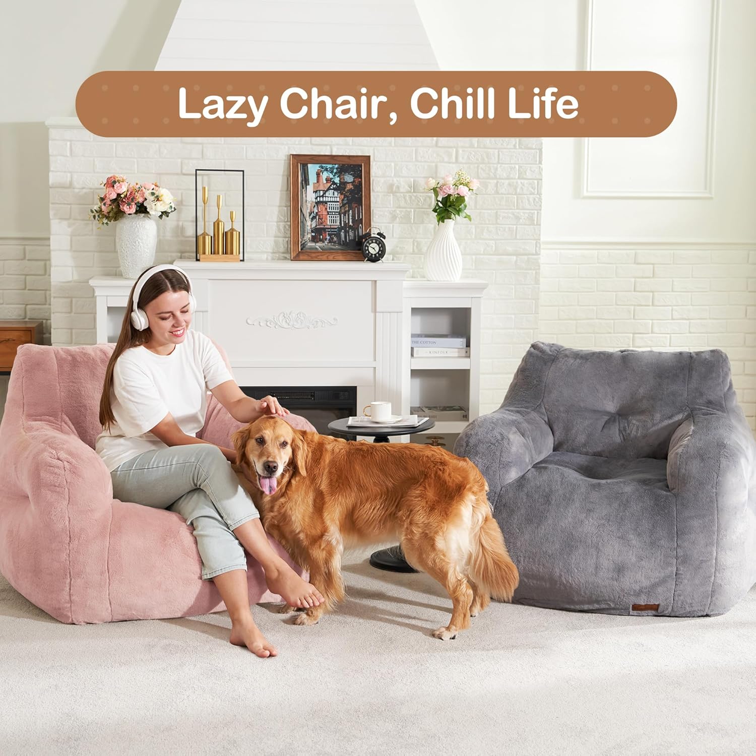 Hobestluk Furry Bean Bag Chair with Arms, Foam Filler for Adult, Pink | Soft Faux Fur Cover, High-Density Resilient Foam, Wide Backrest & Arm-rest, Carrying Handle, Fits Small Spaces, No Assembly