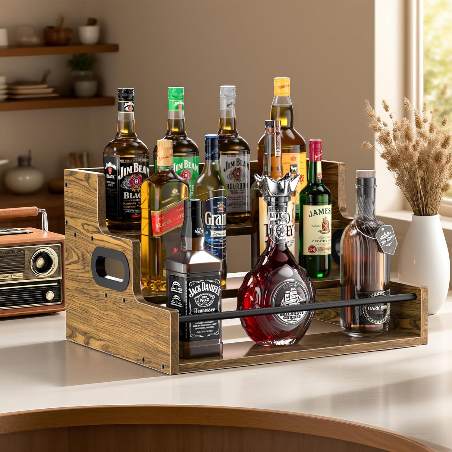 Haligo 3-Tier Liquor Bottle Display Shelf, Wood Coffee Syrup Organizer, Retro Countertop Spice Rack, Coutertop Wine Racks for Mini Bar, Whiskey, Spirits, Alcohol